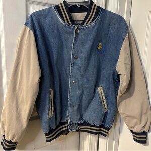 VTG Denim Varsity Jacket Khaki Sleeves with Ugly Duckling Embroidered Large